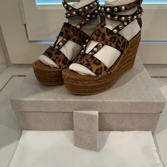 Jimmy Choo DANICA 110 Leopard Print Suede w/ Pearls and Studs Wedges 38